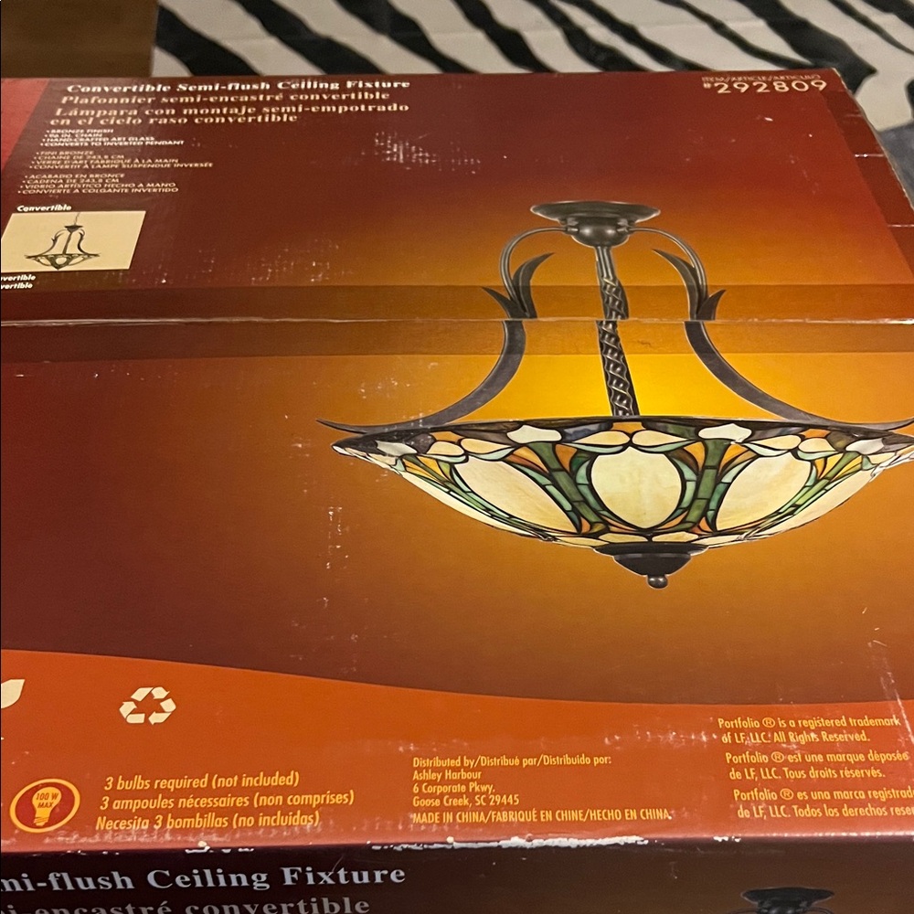 Tiffany Style Semi-Flush Ceiling Fixture - Black and Cream